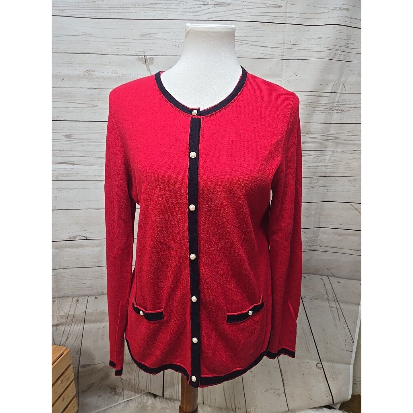 Talbots Cardigan Sweater Womens Medium Red Preppy Classic Cashmere Blend Pearl